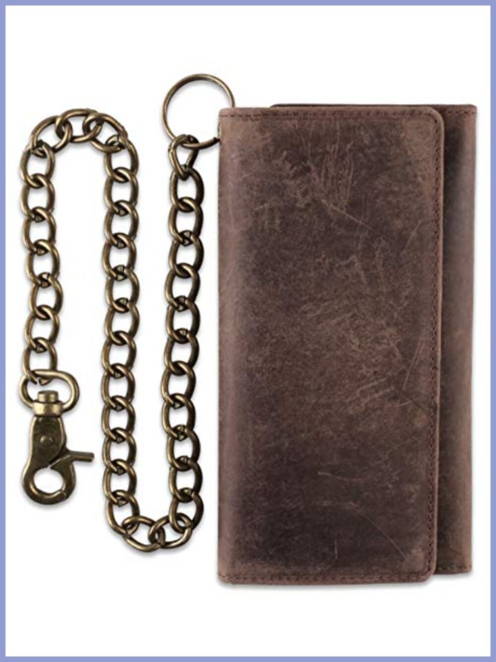 RFID Blocking Tri-Fold Long Cowhide Leather Steel Chain Wallet